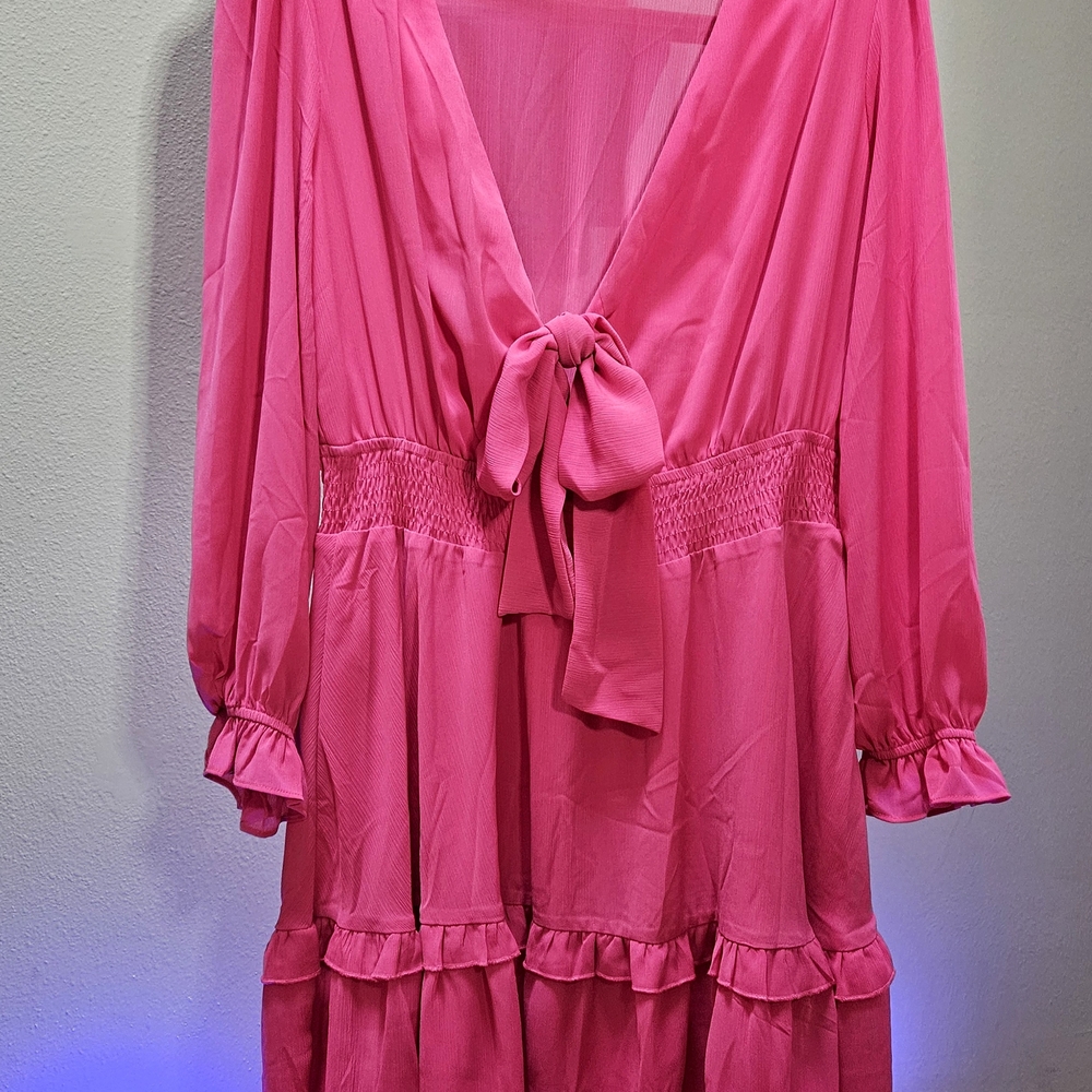 Pink Babydoll Midi Dress with Plunge Neckline and Bishop Sleeves